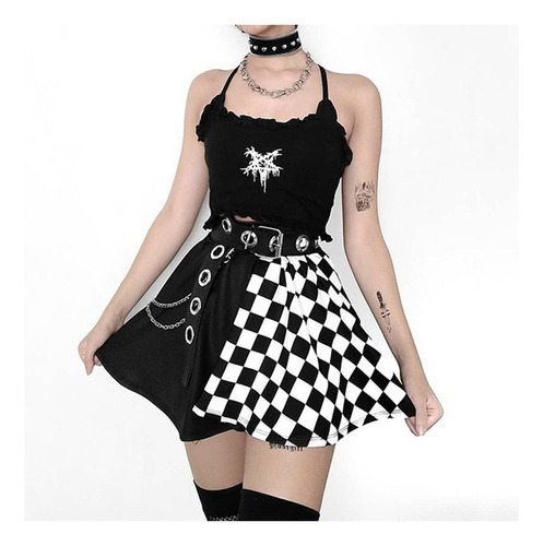 Minifalda De Cintura Alta Con Costura A Cuadros Punk Sexy