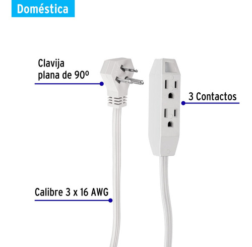 Extensión Doméstica 5 M Blanca Aterrizada Con Clavija Plana