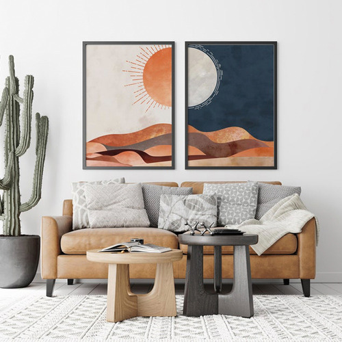 Set X2 Cuadros Decorativos Sol Y Luna 50x70 Con Vidrios