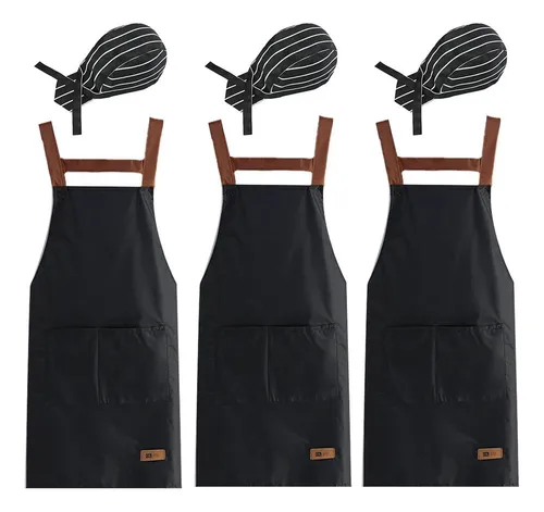 L 3 Mandiles Chef+3 Gorros Chef Para Meseros Barbería