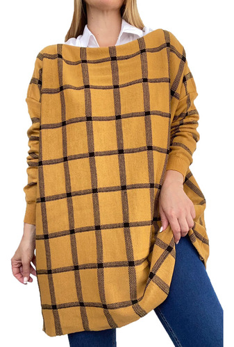 Maxi Sweater Mujer Oversize Lana Amplio Cuadros Cuello Bote