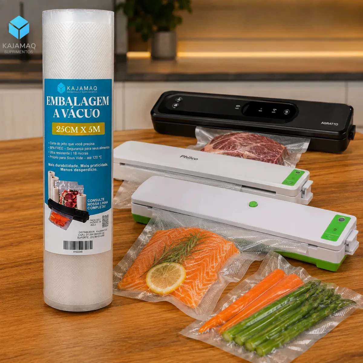 Rolo Plástico A Vácuo Gofrado 25 Centimetros X 5 Metros Resistente Imediato Bobina Ranhura Pratico Lacre Alimentos Alimentação Sous Vide Aplicador 18 Micras Polietileno Qualidade S