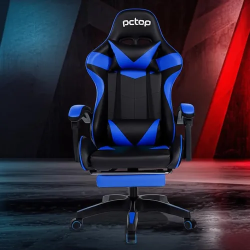 Cadeira Gamer Pctop Racer 1006 Gamer Ergonômica Preta E Azul Com Estofado De Couro Sintético Preto/azul