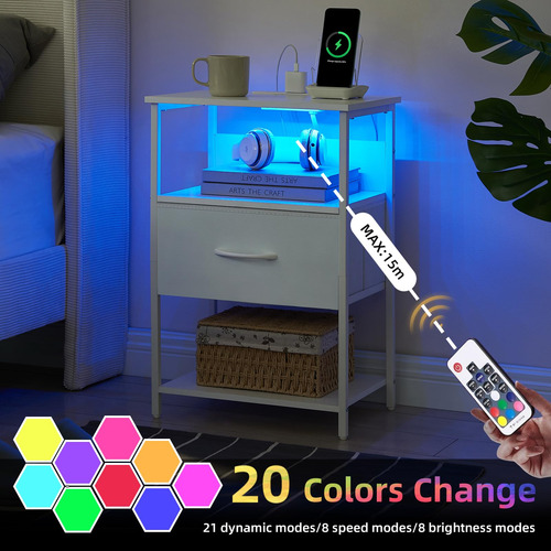 Mesita De Noche Blanca Con Carga Y Luz Led Para Dormitorio