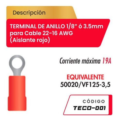 Terminales De Anillo 1/8  Para Cable 22-16awg-aislante Rojo