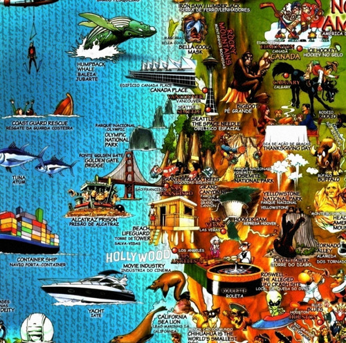 Mapa Ilustrado Da América Do Norte 80x100cm Poster Plastificado De Parede - Culturas Animais Monumentos Invenções Trajes Típicos - Para Sala Quarto Escola Estudos
