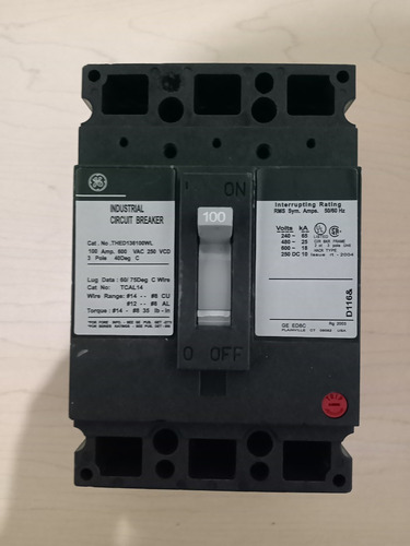 Interruptor Termomagnetico General Electric 3 Polos 100 Amp.