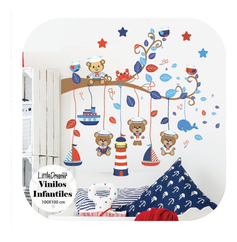 Vinilo Decorativo Infantil Rama Náutica Mar Osos Pc44a 100cm