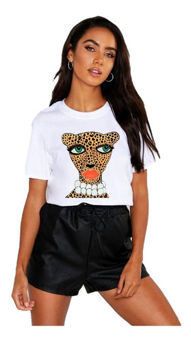 Polera Dama Estampada 100%algodon Animal Print Con Collar