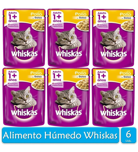 Imagen 1 de 2 de Whiskas Alimento Húmedo Para Gato Adulto Pollo 85g X6 Sobres