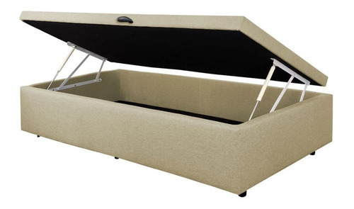 Cama Box Baul 1 Plaza Y Media Tapizado Tela Lino Beige