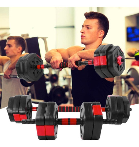 Set Mancuernas Ajustables 15kg 3 En 1 + Barra + Kettlebell Color Negro