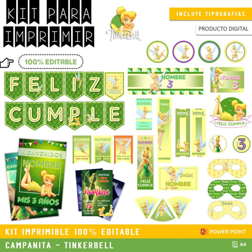 Pack Imprimible Cumpleaños + Candy Editable - Tinkerbell