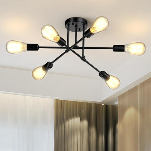 Banna 1 Piece E26 Lámpara Colgante Moderna E26, Plafón De Estilo Industrial De 6 Luces En Negro Para Isla De Cocina, Dormitorio, Comedor, Salón, Casa De Campo