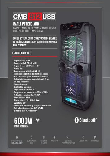 Parlante Crown Mustang CMB-812BT portátil con bluetooth y wifi negro 220V