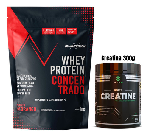 Combo Whey Concentrado 1kg Sabores + Creatina 100% Pura 300g Sabor Whey Morango