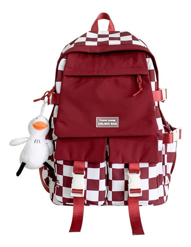 Mochila Escolar Kawaii A Cuadros Gran Capacidad Rojo-blanco