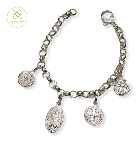 Imagen 2 de 8 de Pulsera Plata 4 Dijes Distintos Santos