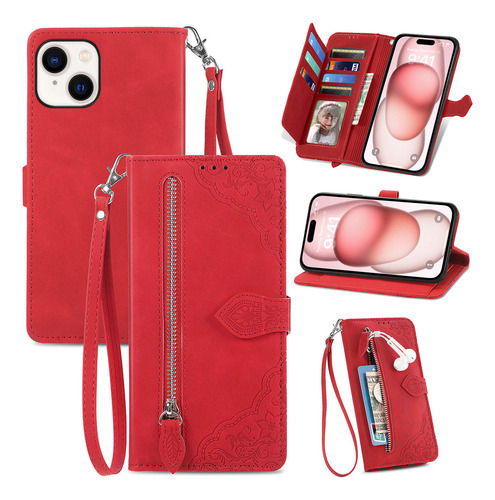 Funda De Piel Tipo Cartera Con Cremallera Para iPhone 15 Plu