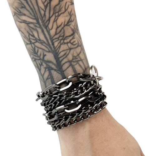 Pulseira De Corrente Grafite Aluminio Duas Voltas Rock Metal Comprimento 41 Cm Diâmetro 0 Mm