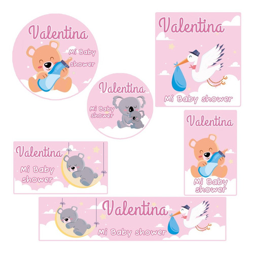 Kit 180 Stickers Baby Shower Rosa Cigueña Oso Candy Bar 