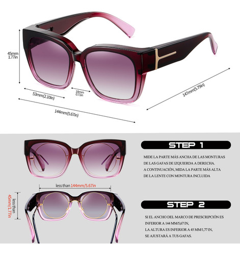Joopin M8511 lentes de sol sobrepuestos hombre mujer polarizados uv cuadrados de moda grandes diseño clásico púrpura profundo púrpura violeta degradado
