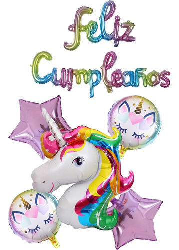 Kit Globos Unicornio Feliz Cumpleaños Arcoiris Rosa