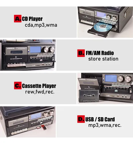 Reproductor De Discos De Vinilo 9 En 1 Bluetooth Vintage