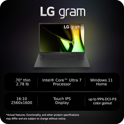 LG Gram - Portátil Ligero De 16 Pulgadas, Intel Evo Edition, Procesador Intel Core Ultra 7 Habilitado Para Ia, Windows 11 Home, 16 Gb De Ram, Ssd De 1 Tb, Visualización Táctil Ips, Negro