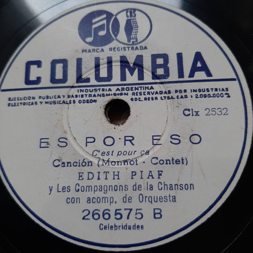 Pasta Edith Piaf Les Compagnons Chanson Columbia Tc17