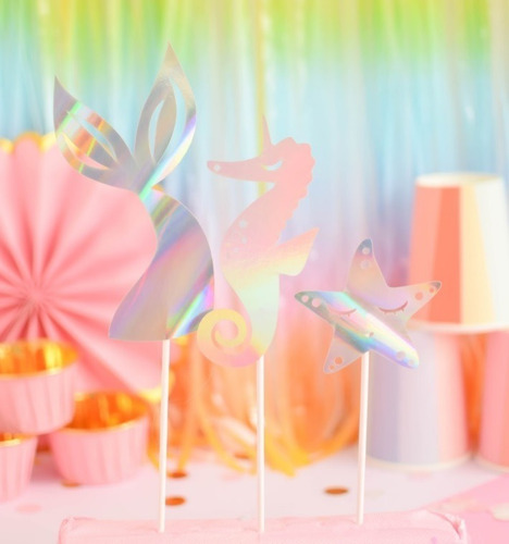 Topper Adorno Torta Deco Bajo Del Mar Sirena Iridiscente