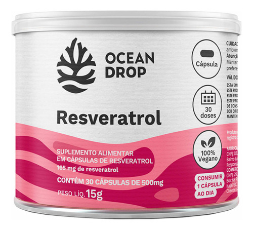 Resveratrol 500mg Vegano 30 Cápsulas - Ocean Drop Sabor Neutro