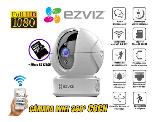 Cámara Wifi Full Hd Ezviz Gira 360° C6cn + Microsd 128gb