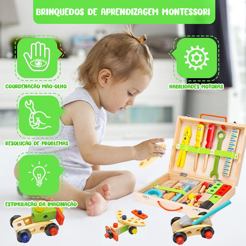 Brastoy Kit Caixa Maleta Madeira Infantil com Ferramentas Montessori