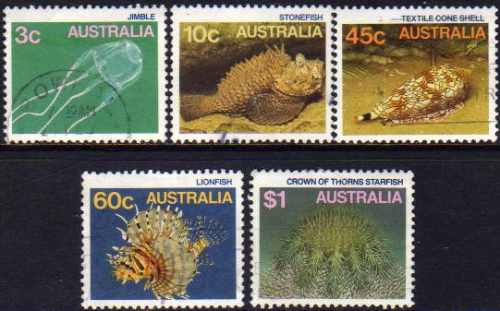 Australia Serie X 5 Sellos Fauna Marina: Peces = Medusa 1986