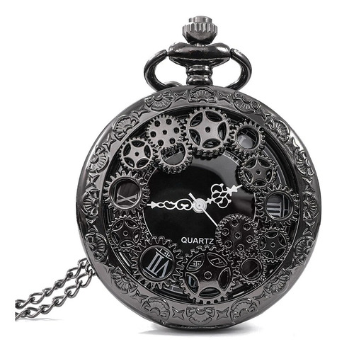 Reloj De Bolsillo Metal Negro C/cadena * Steampunk / Vintage