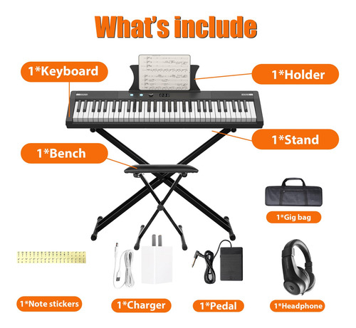 Teclado Eléctrico 61 Teclas Semiponderado Portátil Para Prin Piano Negro+soporte+taburete