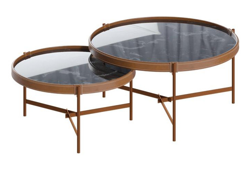 Conjunto Mesa Centro Aqua Mármore Black Cobre Redonda Sala