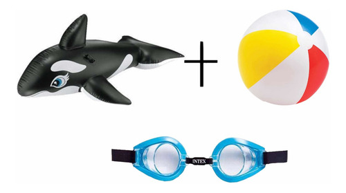 Salvavidas Ballena Negra + Pelota + Gogle Intex