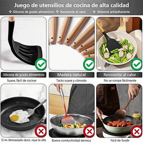 Set Cocina De Silicona De 12 Piezas Con Espátula De Madera Rojo