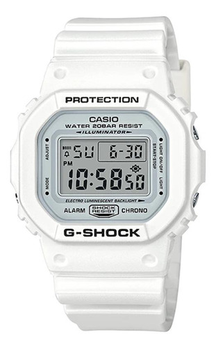 Reloj pulsera Casio G-Shock DW5600 de cuerpo color blanco, digital, fondo gris, con correa de resina color blanco, dial negro, minutero/segundero negro, bisel color blanco, luz azul verde y hebilla simple