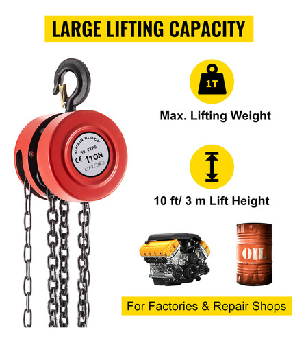 Vevor 1t Polipasto Manual De Cadena Redonda 2200lbs 3m Rojo