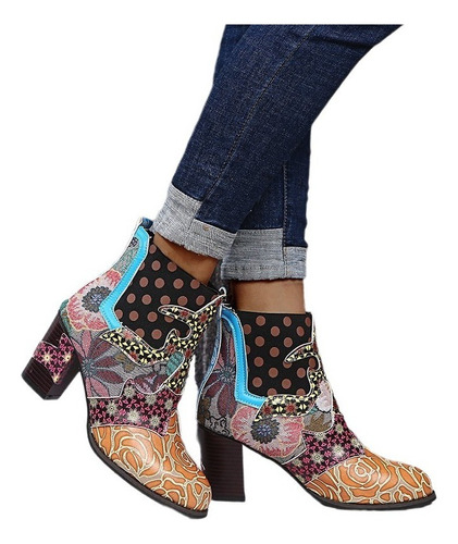 Botas De Tacón De Mujer Bohemian Casual Vintage Patchwork