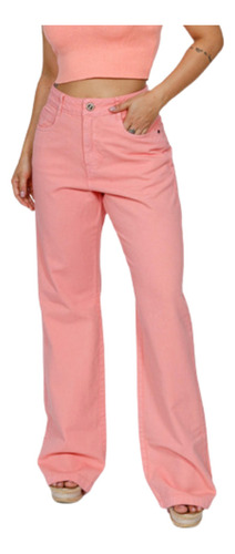 Calça Jeans Feminina Wide Leg Cintura Alta Elegante Coral