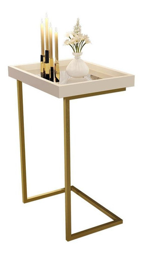 Mesa Lateral Apoio Sofá Com Espelho Jb 4774- Pérola/ Dourado