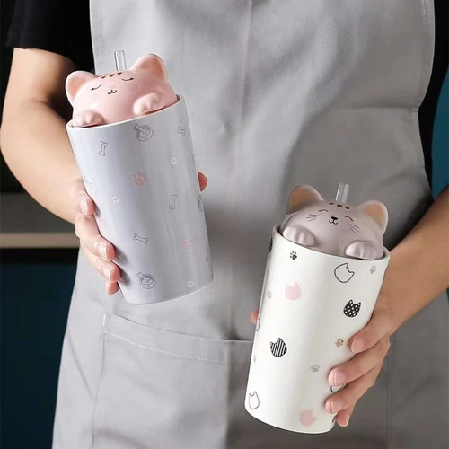 Imagen 3 de 9 de Un Mug Taza Tazón Gatito Kawaii Con Bombilla