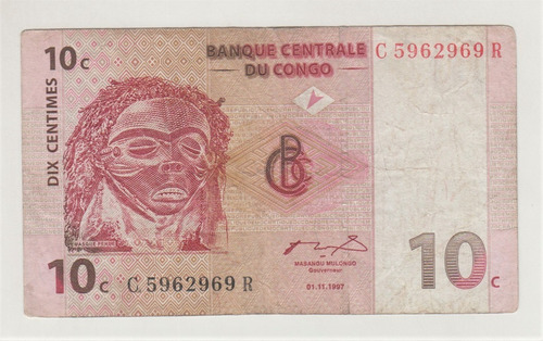 Billete Congo 10 Centimes 1997 (c85)