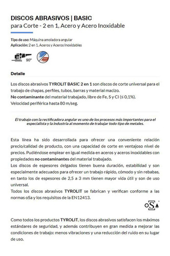 Disco Corte Tyrolit Basic 114 X 1,6 Mm Caja X 25 Un