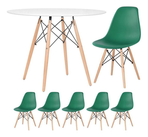 Mesa Jantar Eames Wood 100 Cm 5 Cadeiras Eiffel Coloridas Cor da tampa Mesa branco com cadeiras verde escuro