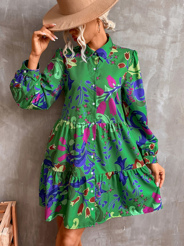 Vestido Smock Con Estampado Floral Bajo Con Fruncido Bohemio